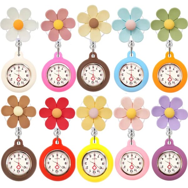 10 Colors Resin Flowers Retractable Nurse Doctor FOB Pocket Watches Alligator Clip Hang Medicine Clock Gift Watches