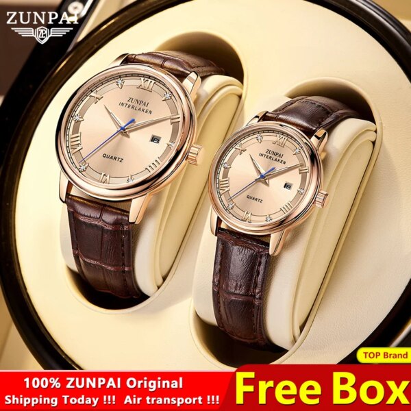 100% origina ZUNPAI Couple watch  for Men Business Women Fashion Casual Waterproof Luminous Leather Quartz Ladies Wristwatches