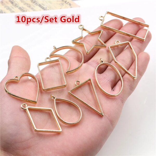 10pcs/lot Gold Color High Quality Geometric Figure charm Photo Frame Hollow Glue pendant charms DIY Handmade