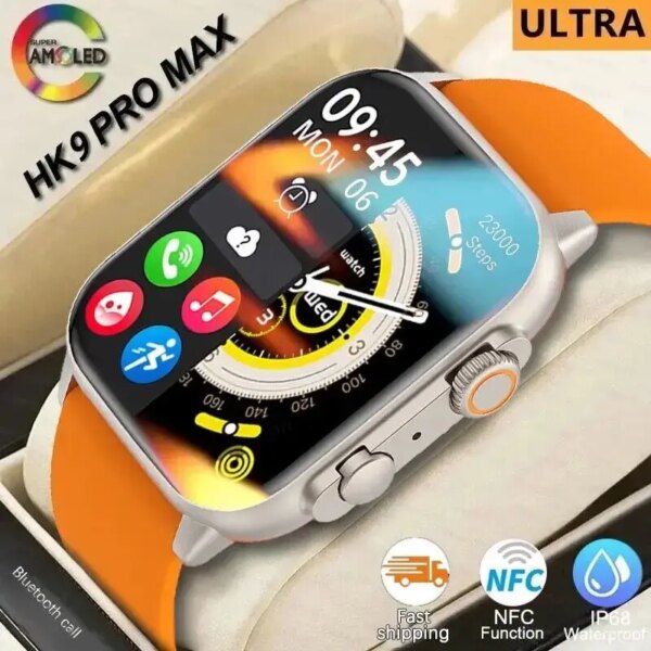 2024 HK9 Pro MAX Smart Watch 9 Mens Women AMOLED HD Screen Heart Rate Blood Pressure NFC Bluetooth Call GPS Smartwatch For Sport