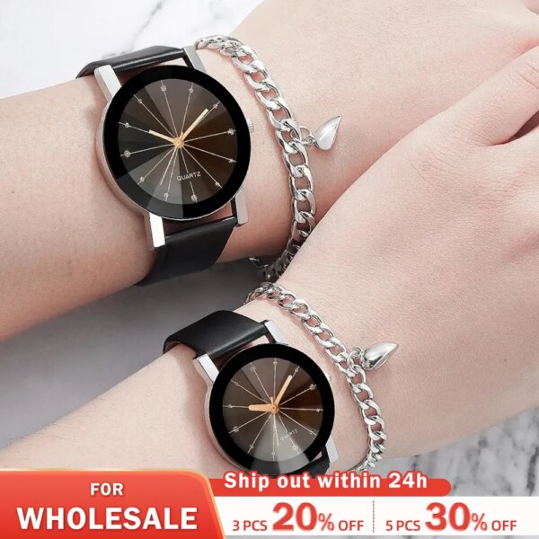 4pcs Black Strap Quartz Watch Bracelet Couple Creative Round Glass Dial Watch Magnetic Heart Silver Bracelet Set