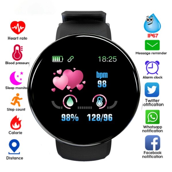 D18 Smart Watch Heart Rate Monitor Men's Women's Smartwatch Round Fitness Digital Watches for Men Women Band Bracelet PK D20 Y68