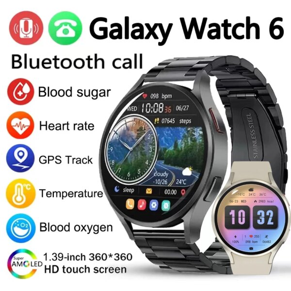 For Samsung Galaxy Watch 6 2024 New GPS Track Smart Watch Men Amoled Always Display Body Temperature Clock BT Talk Smart Watches