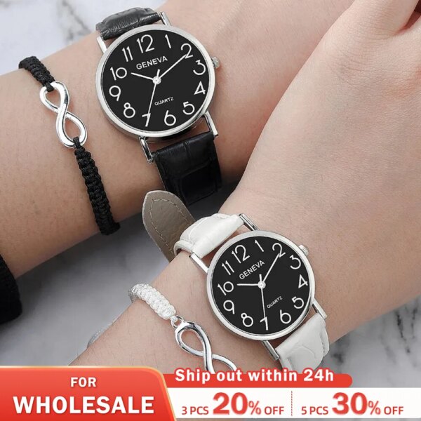 4pcs Couple Quartz Watch Bracelet Set Couple Fashion Black White Leather Strap Quartz Watch Woven Infinity Bracelets Set