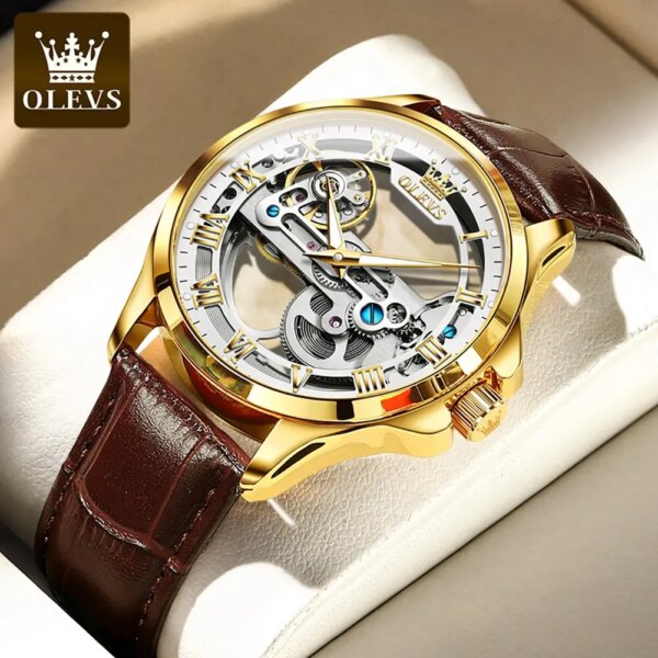 OLEVS Luxury Men Watches Automatic Mechanical Wristwatch Skeleton Design Waterproof Leather Strap Male Watch Reloj Hombre