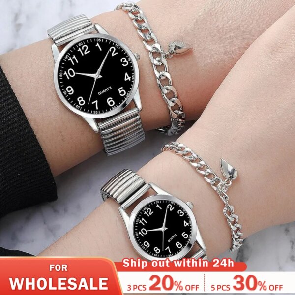 4pcs Silver Couple Quartz Watch Magnetic Heart Bracelet For Couple Fashion Creative Leisure Round Watch Dial Dainty Bracelet Set