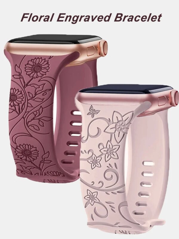 Strap For Apple Watch Band 44mm 42mm 41mm 40mm 45mm 49mm 44 mm Floral Engraved bracelet correa iwatch series 9 7 SE 6 8 Ultra 2