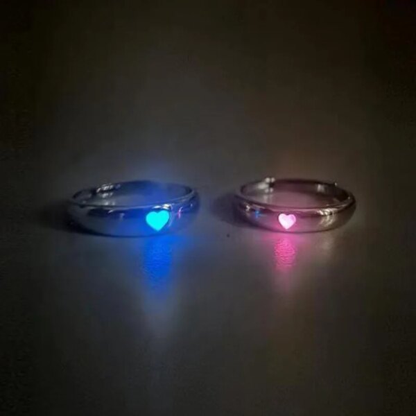 Couples Rings Luminous Love Heart Adjustable Finger Ring Glow In Dark Fashion Silver Color Pink Blue Light Jewelry Lover Gift