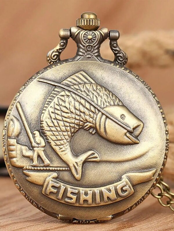 1pc Vintage Outdoor Fishing Pocket Watch Quartz Necklace With Small Fish Sports Watch