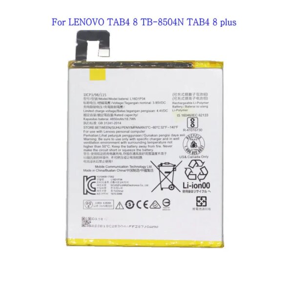 1x 4850mAh /18.7Wh L16D1P34 Replacement Battery For Lenovo TAB4 8 TB-8504N TB-8504X TAB4 8 plus  Li-Polymer Batterie