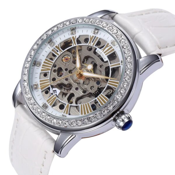 2021 New Women Skeleton Automatic Self-Wind Watch Women Dress Watches Rhinestone Mechanical Watch Girl's Gift  Relogio Feminino