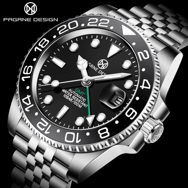 2023 Brand-New PAGRNE DESIGN Men Mechanical Watches Stainless Steel Sapphire Glass 100m Waterproof Business Style Motion Watches