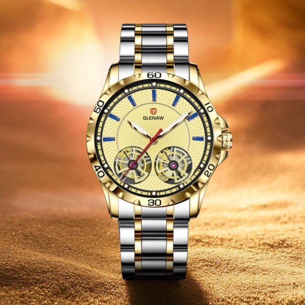 2023 GLENAW Fashionable Luxury Men's Mechanical Watch Rotating Windmill Design Luminous Stainless Steel Men's Watch+box