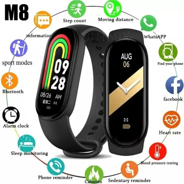 2023 M8 Smart Watch Color Screen Step Counting Multi Sport Mode Message Reminder Photography Music Remote Control Smart Band