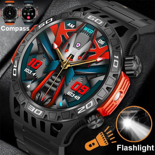 2024 New Compass Military Smart Watch Men LED Light BT Call IP68 5ATM Outdoor Sports Fitness Tracker Health Monitor Smartwatches