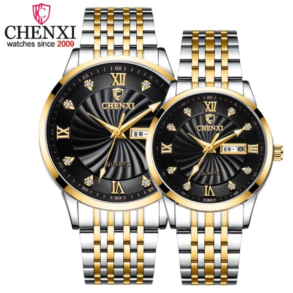 2024 New Couple Watches Luxury Brand CHENXI Men Quartz Watches For Women's Golden Full Steel Waterproof Clock Dress Lady Watch