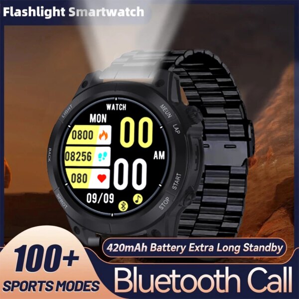 2024 Outdoor Smart Watch For Men With Flashlight Bluetooth Call Health Monitoring GPS Tracker NFC Payment Sports Fitness Watch