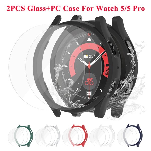 2PCS Glass+PC Case for Samsung Galaxy Watch 5 40mm 44mm Waterproof Galaxy Watch 5 Pro 45mm Proctector With 2PCS Tempered Glass