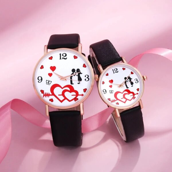 2Pac Fashion Trend Romantic Heart to Heart Red Love Leather Quartz Couple Watch Valentine's Day Christmas Gift Preferred