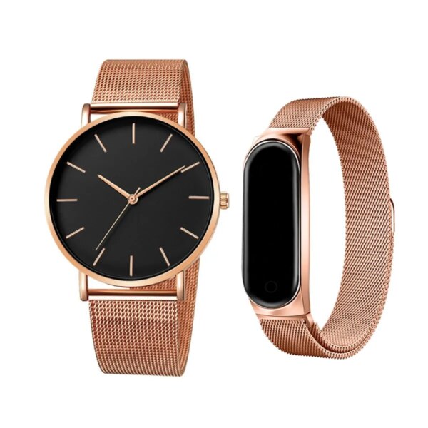 2Pcs Men And Women Casual Fashion Scale Rose Gold Mesh With Quartz Watch LED Rose Gold White Light Mi 3 Sports Electronic Watch