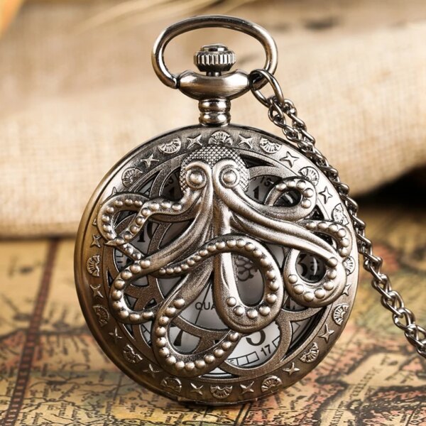 3 Types Retro Octopus Hollow Cover Quartz Pocket Watch Bronze Necklace Pendant Handmade Clock Souvenir Gifts for Men Women reloj