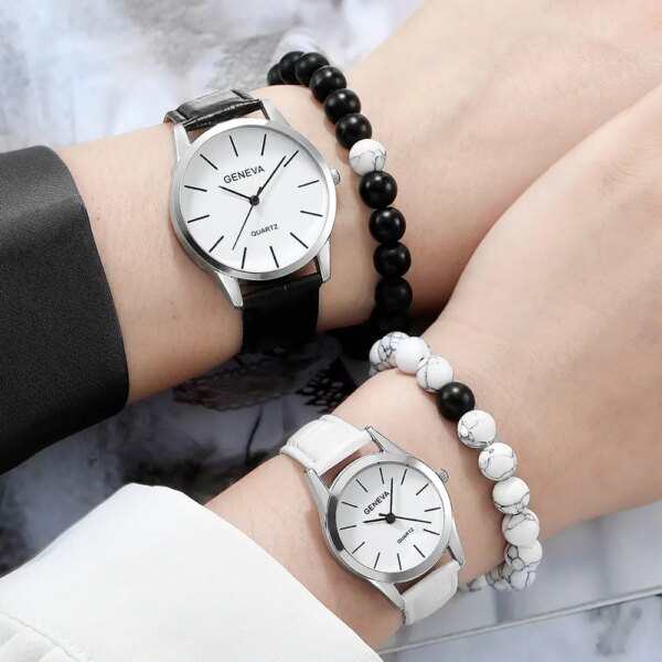 4pcs Couple Quartz Watch With Bead Bracele Casual Leisure Fashion Round Couple Watch Black White Bead Bracelet Set