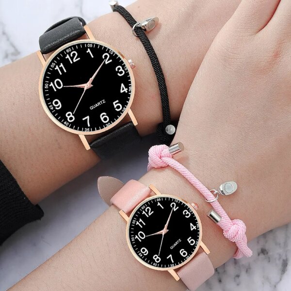 4pcs Pink Black Quartz Watch Heart Bracelet Couple Fashion Round Arabic Numerals Watch Magnetic Half Heart Bracelet Set