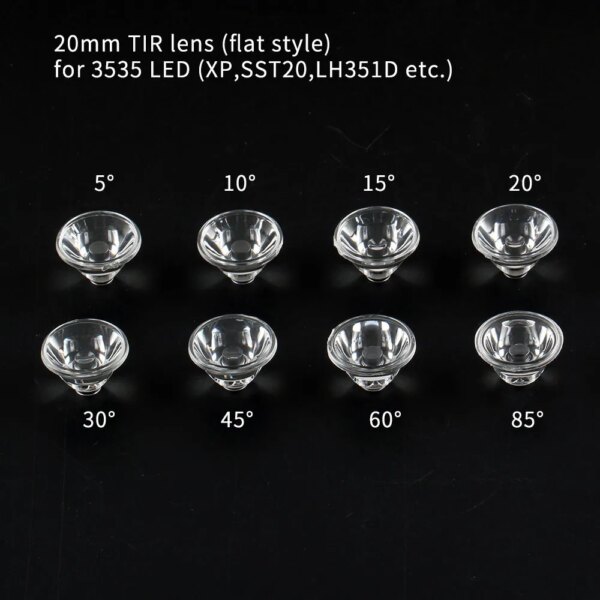 5/10/15/20/30/45/60/85degree 20MM TIR lens ,flat style, for 3535 LED (xp,sst20,LH351D,etc)