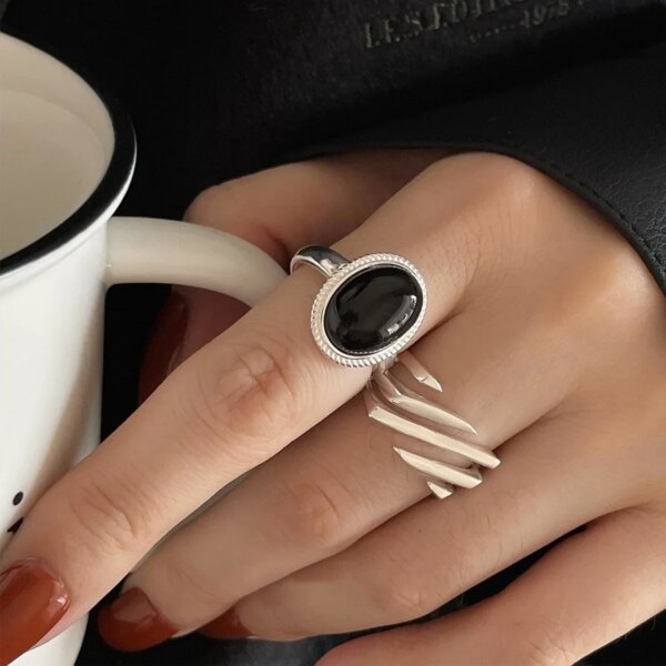 925 Sterling Silver Geometric Black Stone Rings For Women Men Simple Korean Fashion Open Adjustable Handmade Ring Couple Gifts