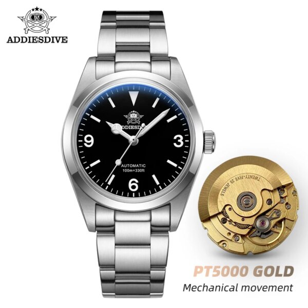 ADDIESDIVE 36mm PT5000 Automatic Mechanical Watches Reloj Hombre Sapphire Crystal 10Bar Waterproof BGW9 Super Luminous Man Watch