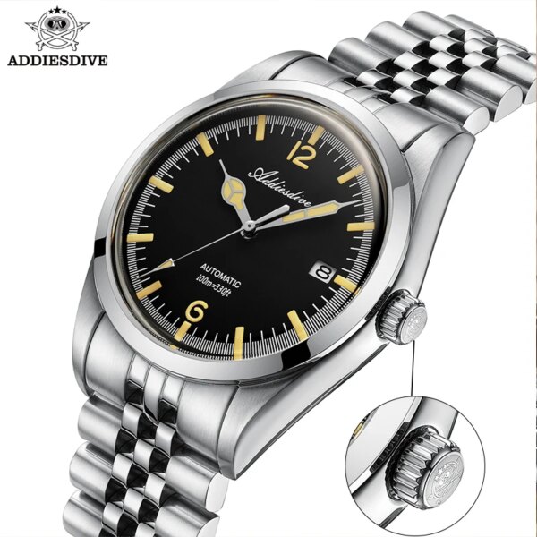 ADDIESDIVE Watch For Men  Jubilee Strap Calendar Display 100m Diving Luminous NH35 Automatic Mechanical Watch Montre Homme