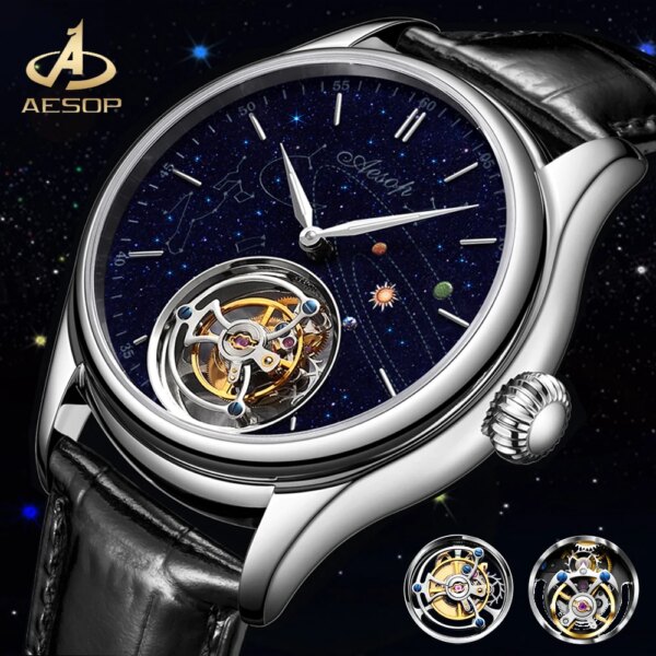 AESOP Flying Tourbillon Movement Mechanical Watch For Man Luxury Fashion Skeleton Waterproof Wristwatches Sapphire Mirror 2023 A