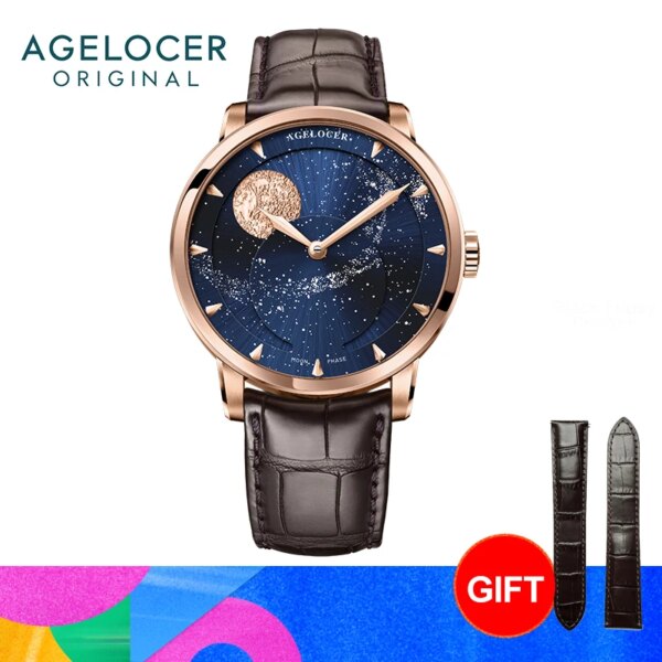 AGELOCER Astronomer Men's Business Dress Gold Watch Luxury Automatic Mechanical Moon Phase Watch Birthday Gift for Men