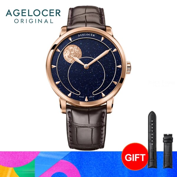 AGELOCER Astronomer Natural Aventurine Dial Men's Luxury Gold Watch Automatic Mechanical Moon Phase Watch Birthday Gift for Men