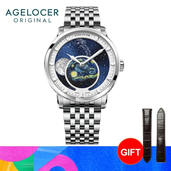 AGELOCER Astronomer Van Gogh Oil Painting Steel Strap Men's Business Formal Luxury Automatic Mechanical Moon Phase Watch