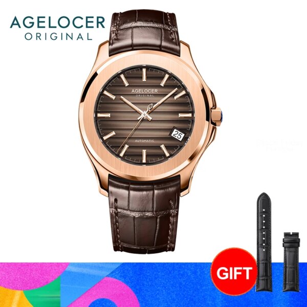 AGELOCER Baikal Men's Luxury Gold Watch Big Calendar Business Formal Automatic Mechanical Watch Birthday Gift for Men