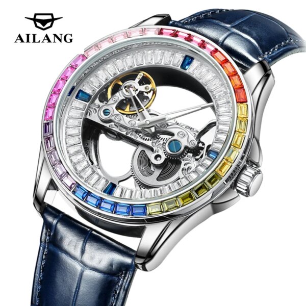 AILANG 2024 New Fashion Skeleton Automatic Mechanical Watch Luxury Diamond Watch For Men Clock 3ATM Waterproof Leather Reloj