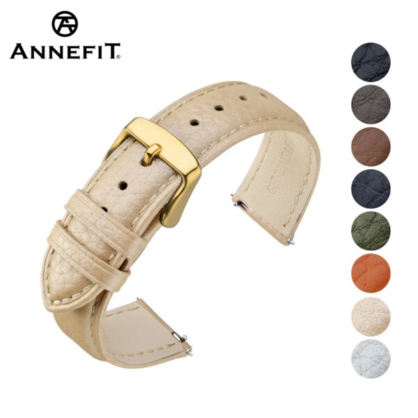 ANNEFIT Calfskin Leather Watchband Soft Material Watch Band Wrist Strap 18mm 20mm 22mm with Gold Buckle