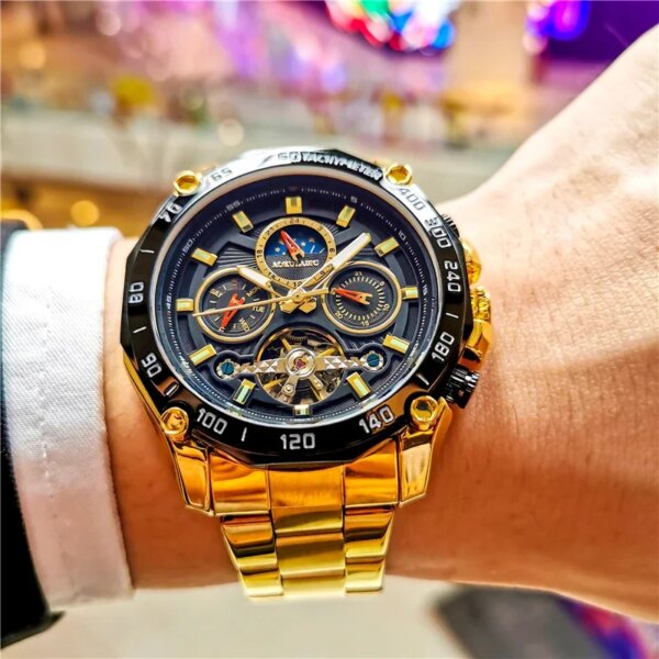 AOKULASIC Luxury Automatic Mechanical Mens Watches Top Brand Multi functional Steel Watch Moon Phase relogio masculino de luxo