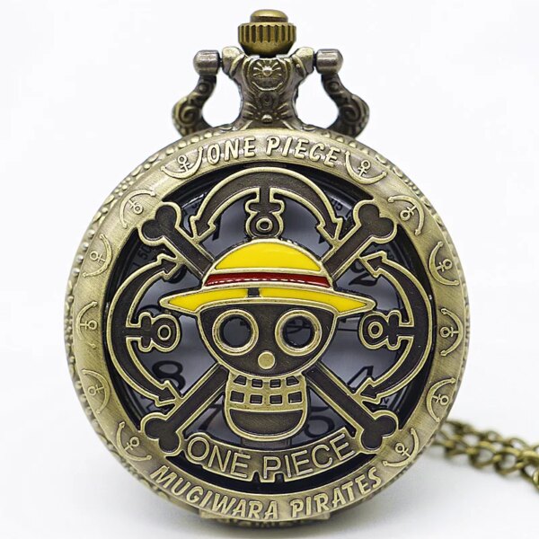 Anime Theme Yellow Hat Pirates Skull Pattern Hollow Quartz Pocket Watch Vintage with Pendant Necklace Men's and Children's Gift