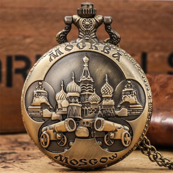 Antique Bronze Mockba Moscow  Design Quartz Necklace Watch Exquisite Retro Pocket Watch Souvenir Clock