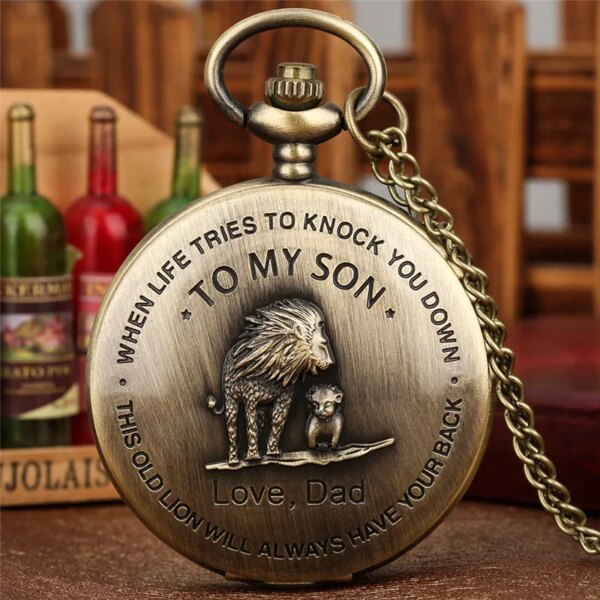 Antique Engraved To My Son Love Dad Theme Clock Lion Pattern Men Boy Quartz Analog Pocket Watch with Sweater Chain Timepiece