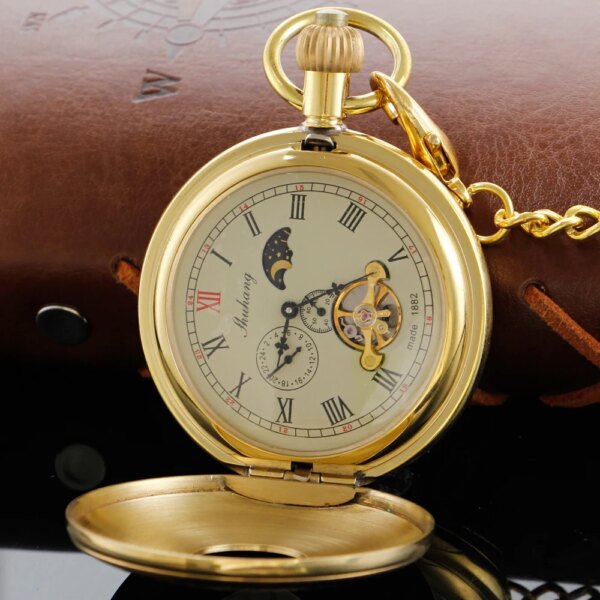 Antique Luxury Tourbillon Moon Phase Steampunk Mechanical Pocket Watch Retro Gentleman Analog Signal Clock Lady Jewelry Gift