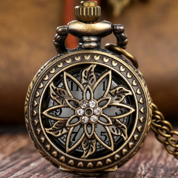 Antique Mini Bronze Hollow Out Flower Diamond Case Fob Clock Chain Reloj Pocket Watch Men Women Gift with 80cm Necklace Chain