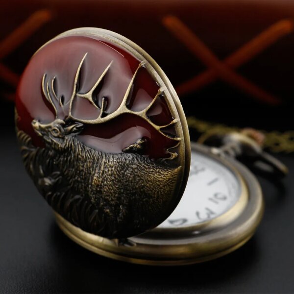 Antique Reindeer 3D Embossed Quartz Pocket Watch Vintage Men's Fob Chain Watch Clock Hunter Best Commemorative Gift