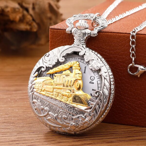 Antique Steam Train Design Pocket Watch with Chain Necklace Vintage Quartz Pendant Watches Clock Chain Mens Women