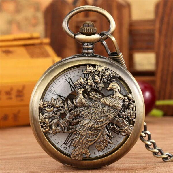 Antique Vintage Phoenix Half Hunter Clock Mechanical Hand Winding Pocket Watch for Men Women Roman Number Skeleton Fob Chain