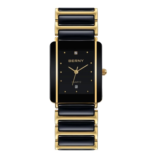 BERNY Ceramic Quartz Men Watch Fashion Luxury Rectangle Wristwatch BERNY XV12 Waterproof Calendar Diamon Black Gold Couple Watch