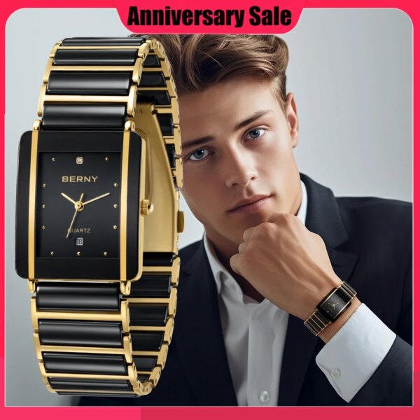 BERNY Ceramic Quartz Watch for MEN/Women Luxury Stainless Steel Rectangle Wristwatch Waterproof Calendar Golden Couple Watches