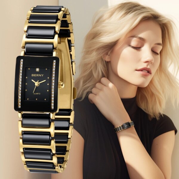 BERNY Ceramics Quartz Women Watch Fashion Rectangle Men/Women Wristwatch Bracelet Luxury Diamon Gold Couple Watches Gift Watches